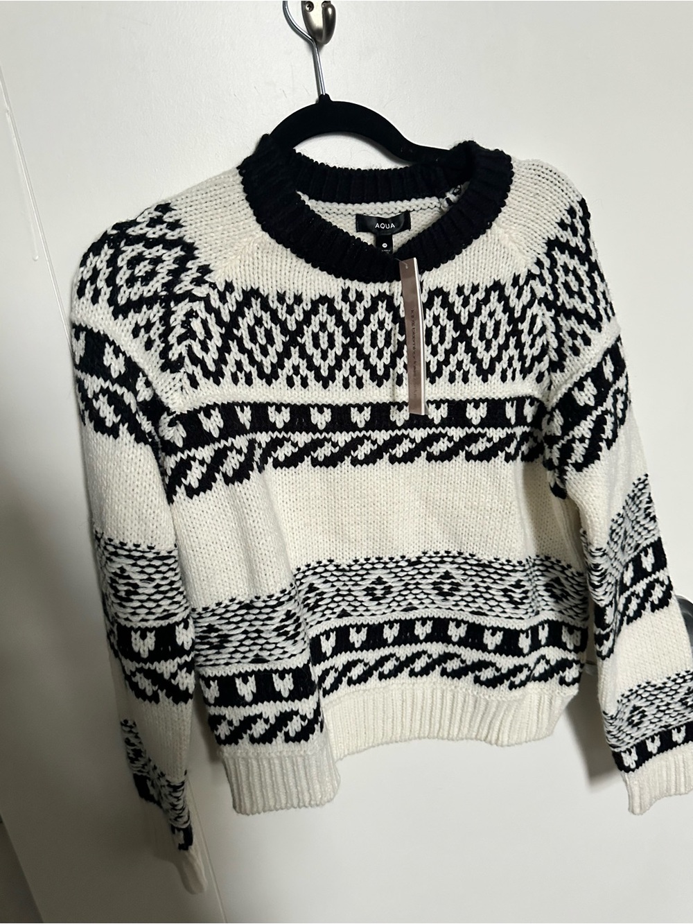 AQUA Black and Cream Fair Isle Knit Sweater